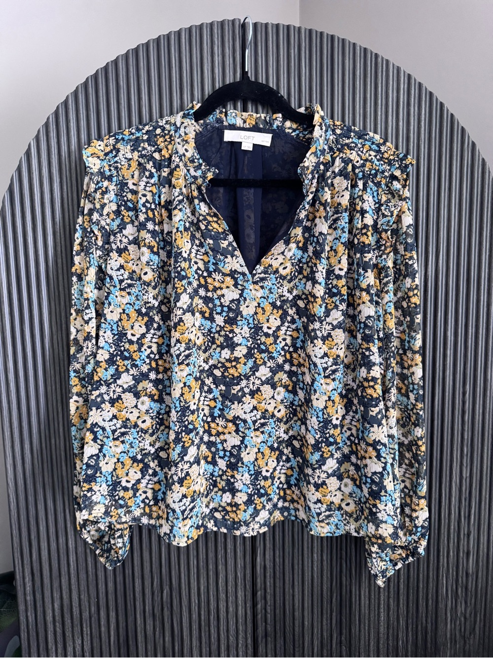LOFT Navy Floral Ruffle-Trim Blouse